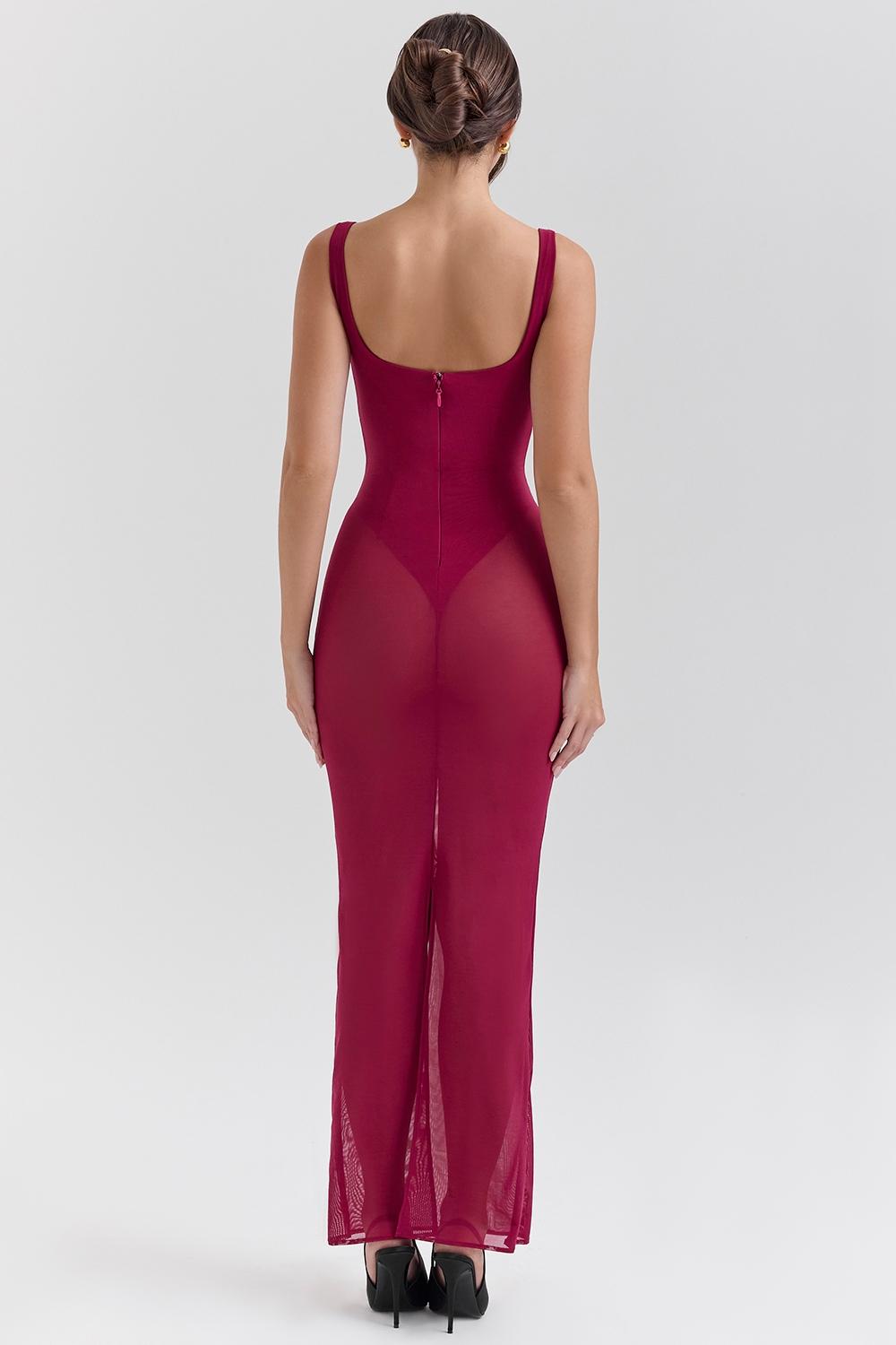Robina  wine stretch mesh maxi dress - sale Product Image