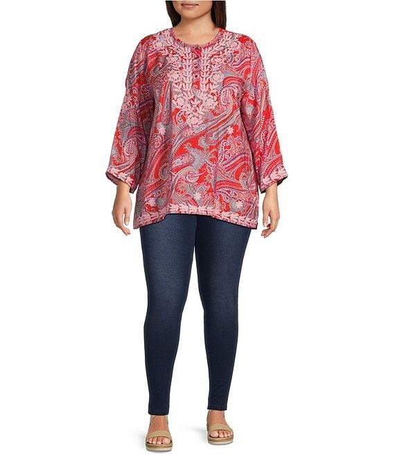 Calessa Plus Size Woven Embroidered Printed Split V-Neck Wrist Length Sleeve Tunic Product Image