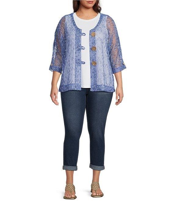 Ali Miles Plus Size Mesh Woven V-Neck Elbow Sleeve Jacket Product Image