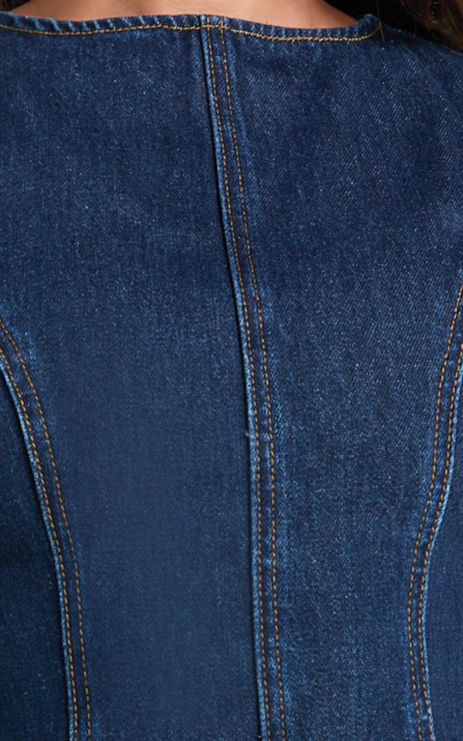 Olenna Mini Dress - High Neck Fitted Denim Dress in Indigo Wash Product Image