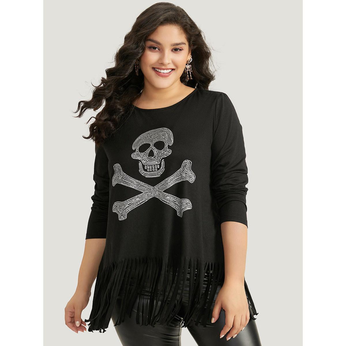 Plus Size Halloween Skull Rhinestone Fringe Trim T-shirt Black Women Casual Tassels Halloween Festival-Halloween T-shirts BloomChic 30/6X Product Image
