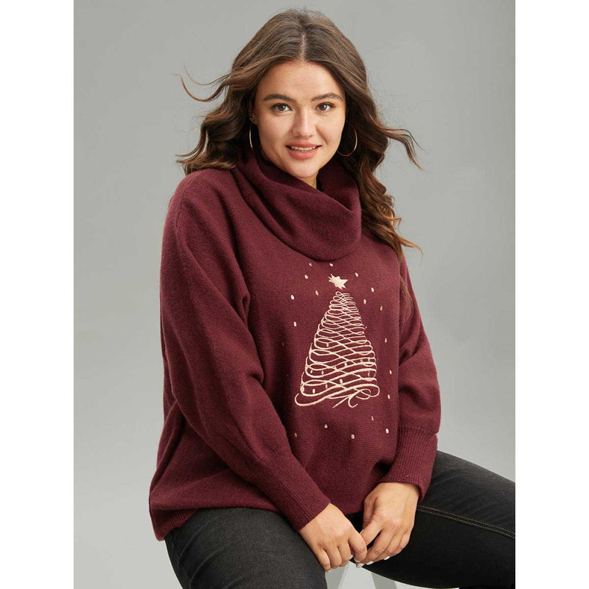 Plus Size Anti-Pilling Christmas Embroidered Turtle Neck Pullover Burgundy Women Casual Loose Long Sleeve Turtleneck Festival-Christmas Pullovers BloomChic 18-20/2X Product Image