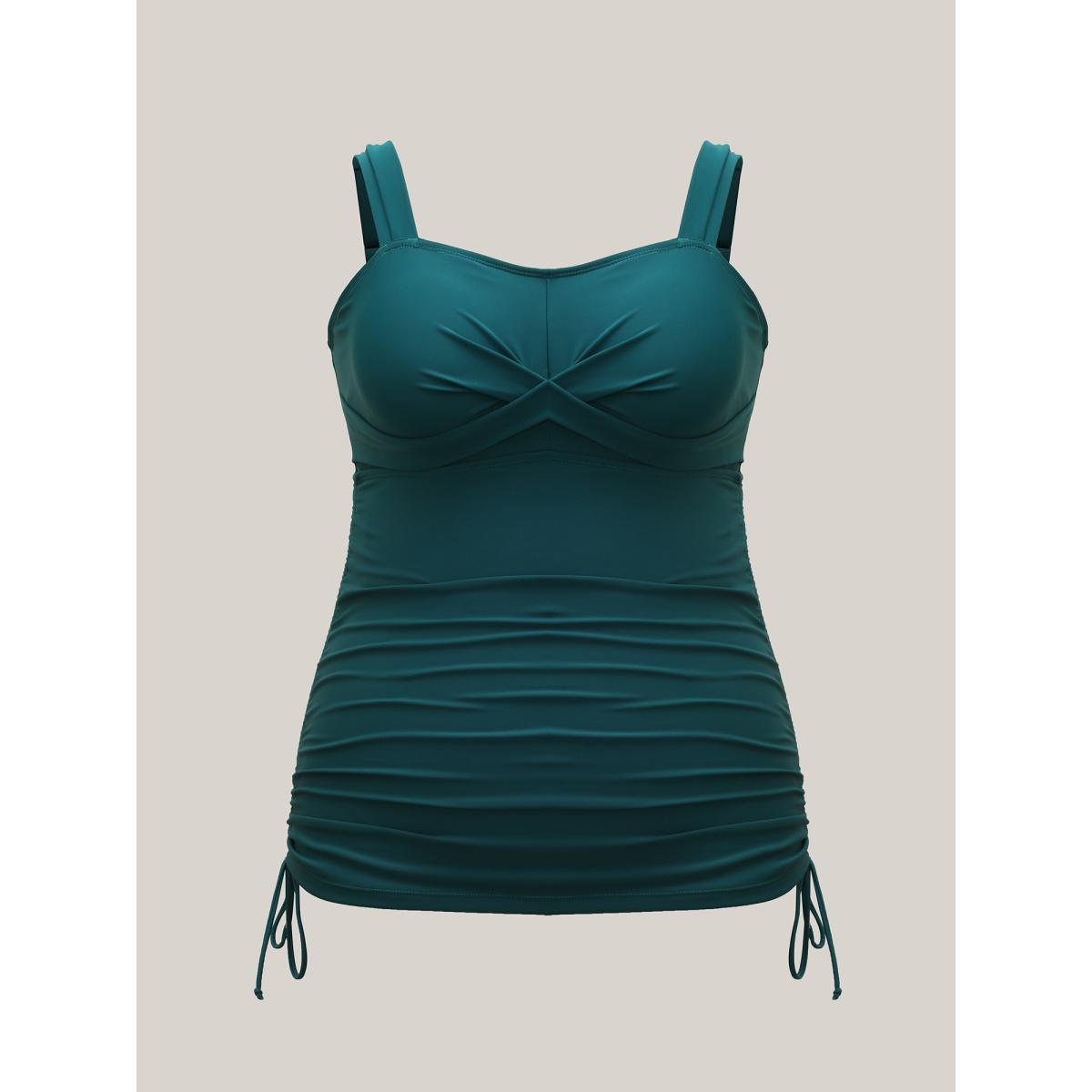 Plus Size Twist Front Ruched Drawstring Swim Top Women's Swimwear Cyan Beach Twist High stretch Skinny Heart neckline Curve Swim Tops BloomChic 22-24/3X Product Image