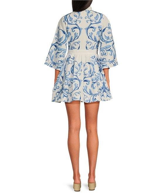 Mestiza New York Carmen Floral Print Mandarin Collar 3/4 Full Sleeve Tie-Waist Mini A-Line Dress Product Image