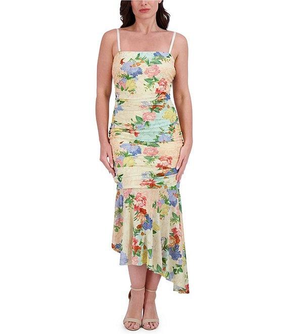 SIENA Mesh Floral Print Strapless Neck Sleeveless Ruched Drop Waist Midi Dress Product Image