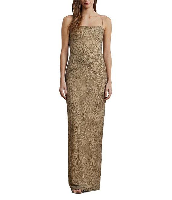 Lauren Ralph Lauren Mesh Beaded Palm Print Square Neck Sleeveless Column Gown Product Image