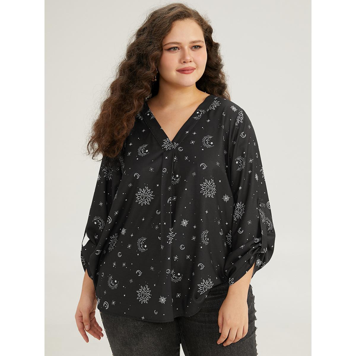 Plus Size Black Halloween Moon & Star Print Pleated Tab Sleeve Blouse Women Elegant Elbow-length sleeve V-neck Festival-Halloween Blouses BloomChic 26/4X Product Image