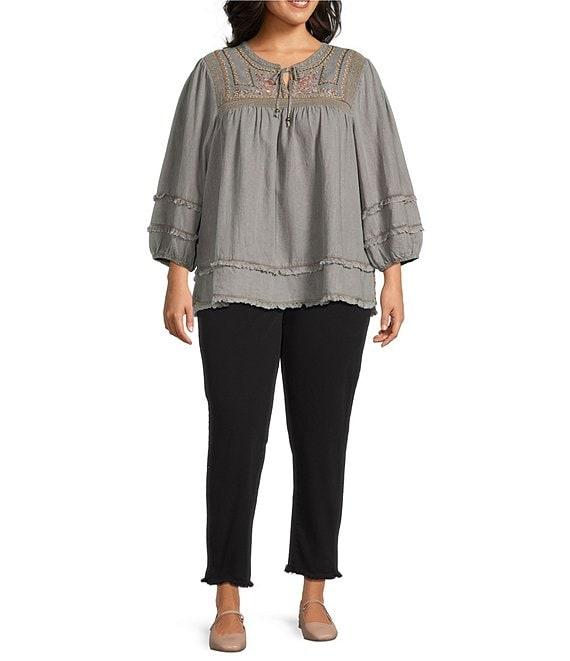 Multiples Plus Size Embroidered Band Collar 3/4 Sleeve Fringe Hem Top Product Image