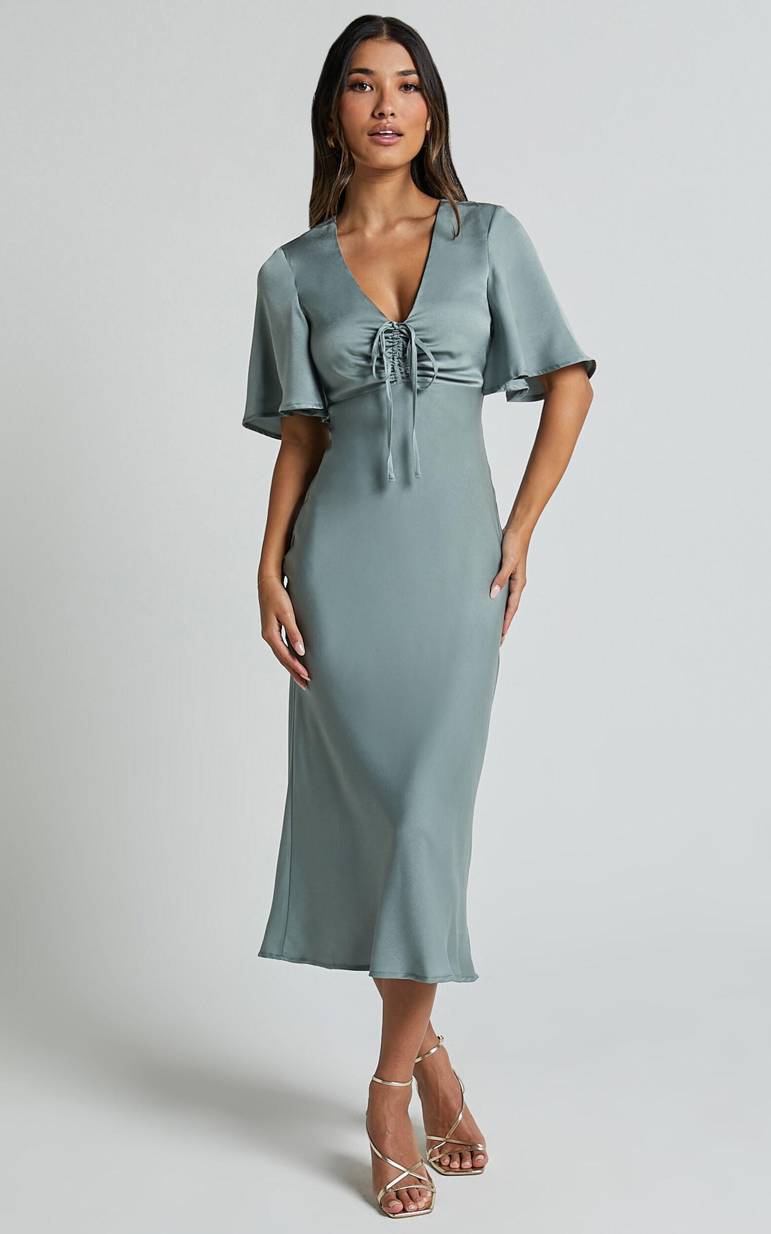 Nicholla Midi Dress - Ruched Front Angel Sleeve Slip Dress in Sage Product Image