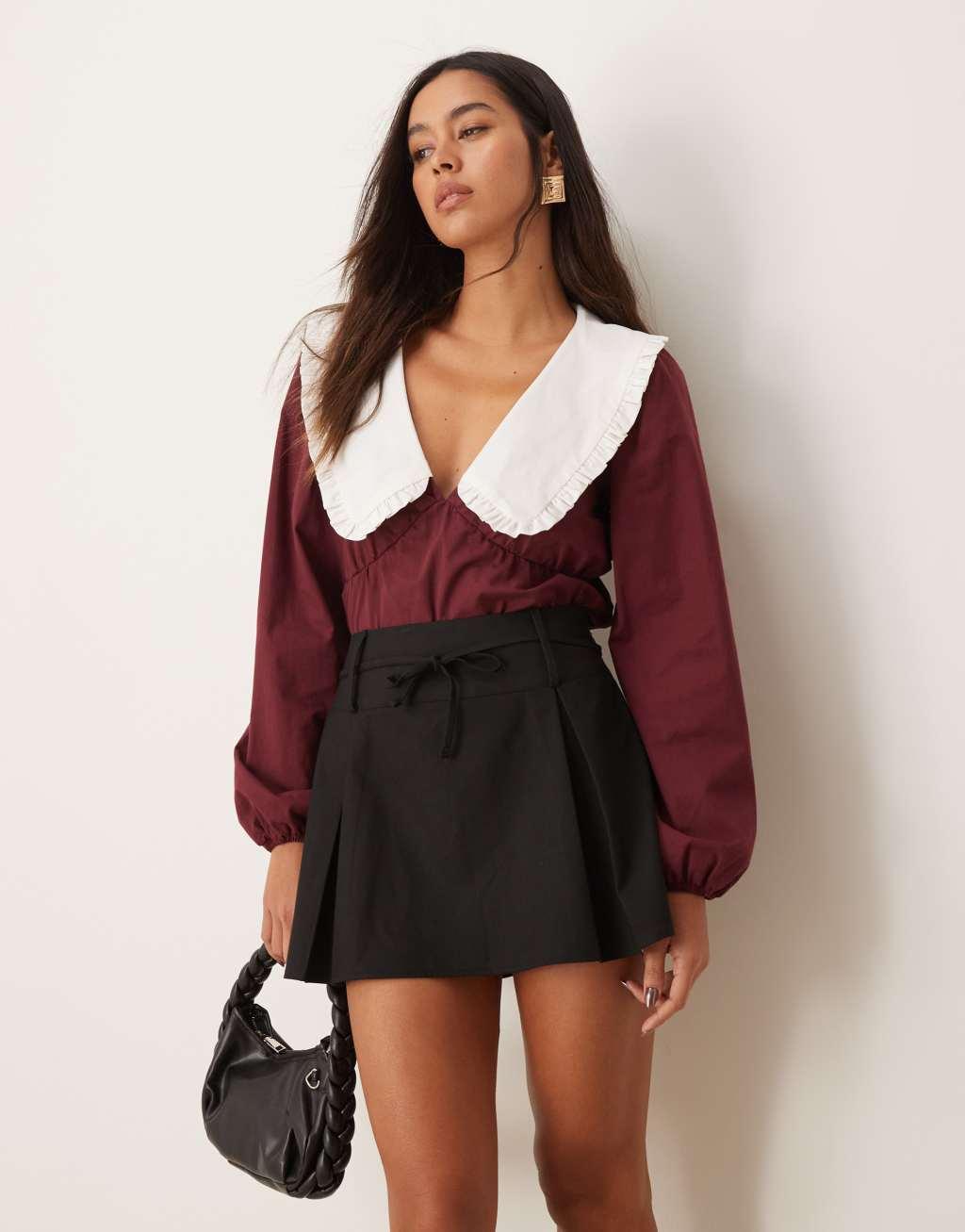 ASOS DESIGN tailored box pleats tie waist mini skirt in black Product Image