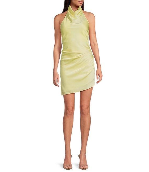 Gianni Bini Peyton Ruched Satin Cowl Halter Neck Sleeveless Open Back Detail Asymmetrical Hem Mini Sheath Dress Product Image
