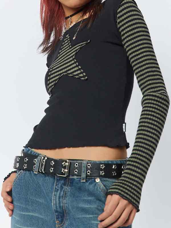 Stripe Star Print Patchwork Slim Long Sleeve Tee Product Image