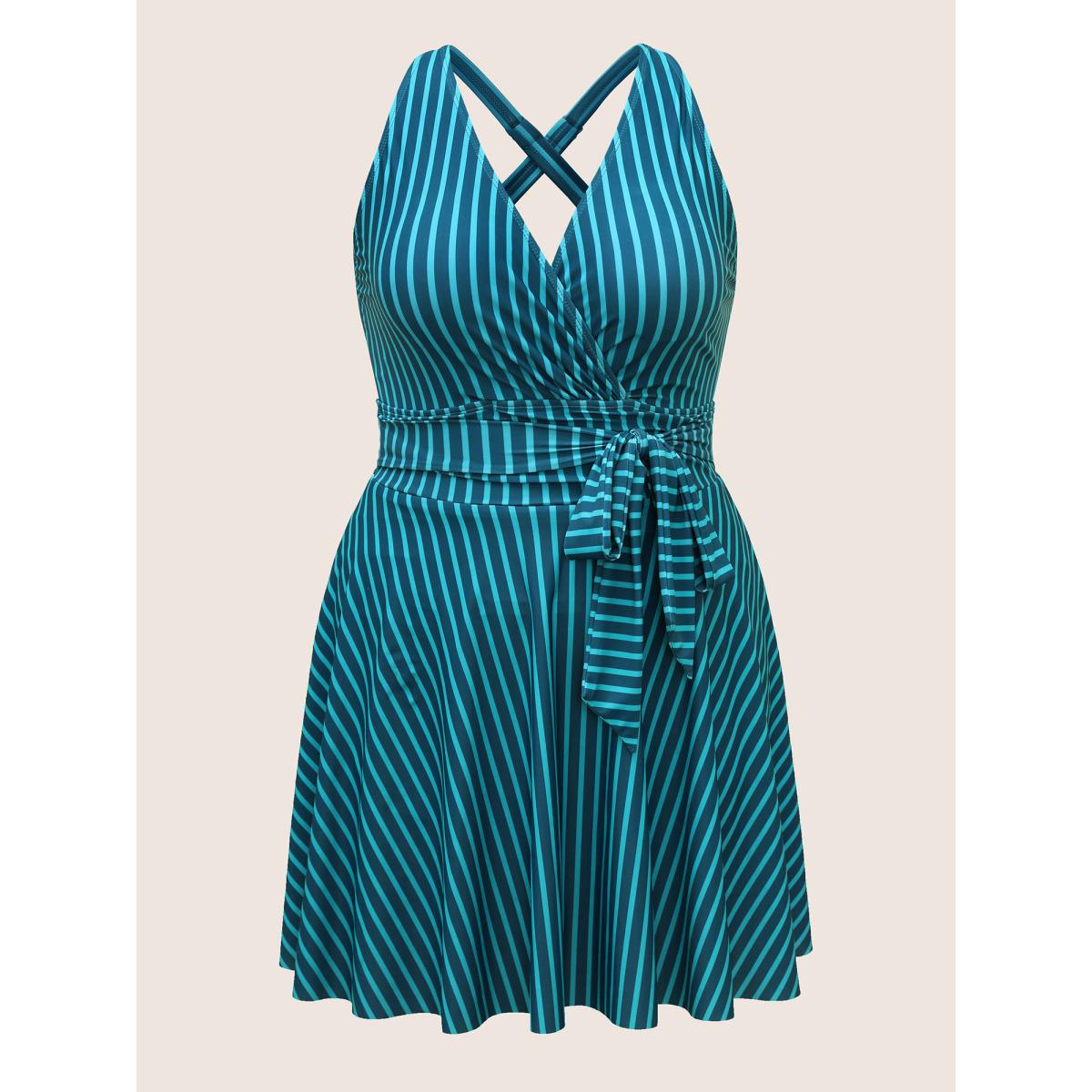 Plus Size Overlap Collar Striped Tie Knot Swim Dress Women's Swimwear Cyan Beach Bodycon Overlap Collar High stretch Curve Swim Dresses BloomChic 30/6X Product Image