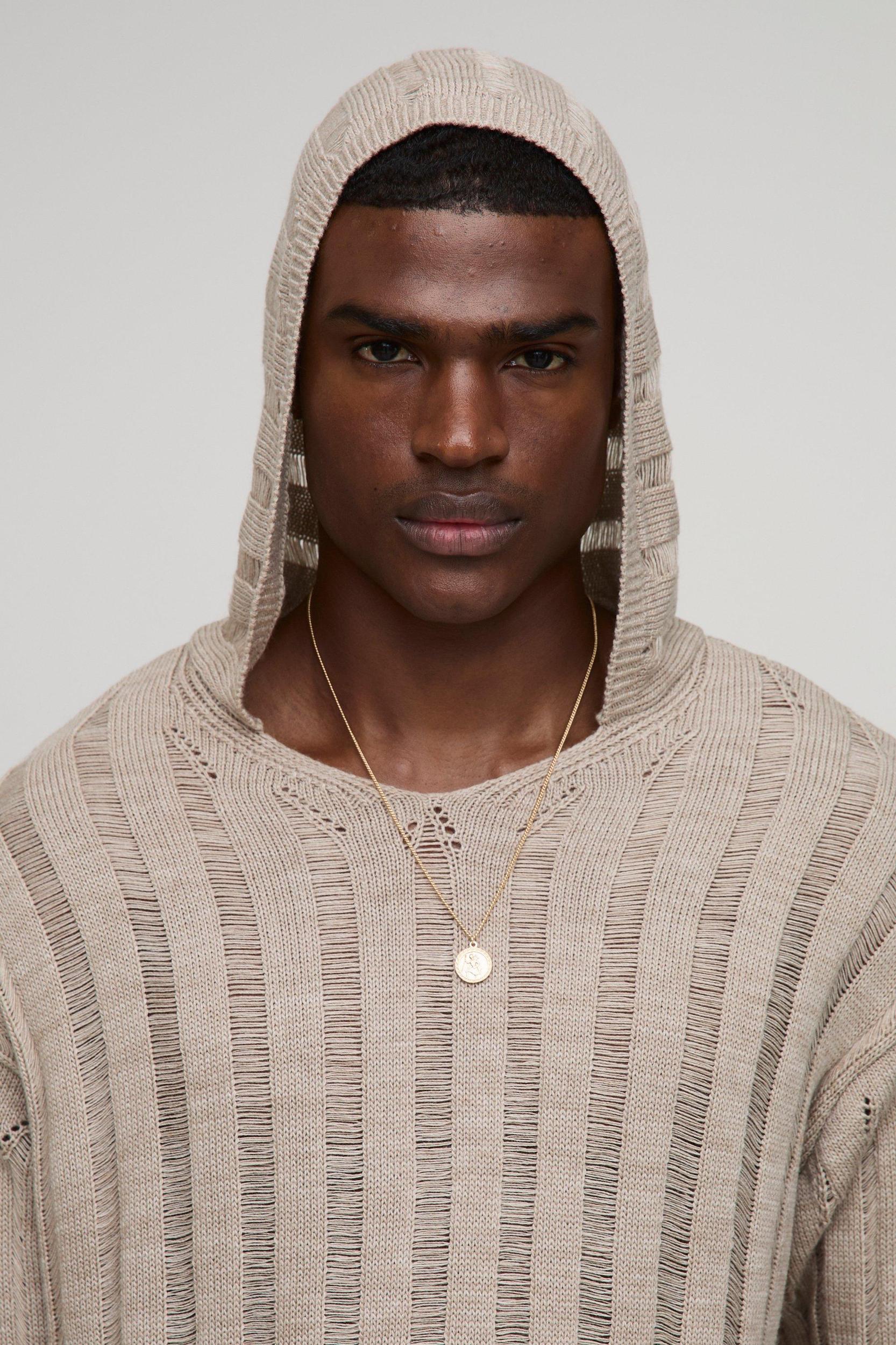 Oversized Ladder Stitch Knitted Hoodie | boohooMAN USA Product Image