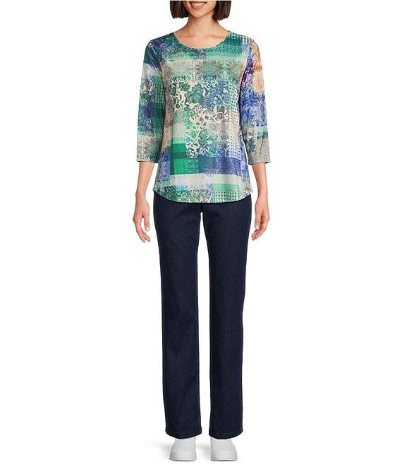 Allison Daley Petite Size Embellished Deep Forest Flowering Plaid Print 3/4 Sleeve Crew Neck Knit Top Product Image