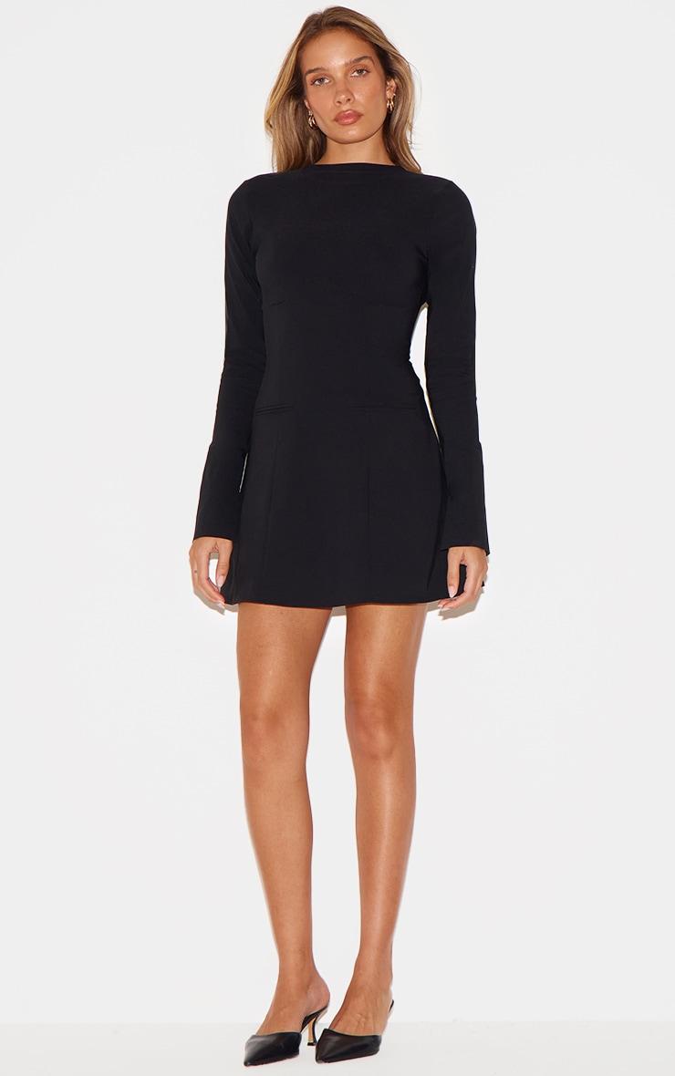 Black Stretch Woven Boat Neck Flare Sleeve Shift Dress Product Image