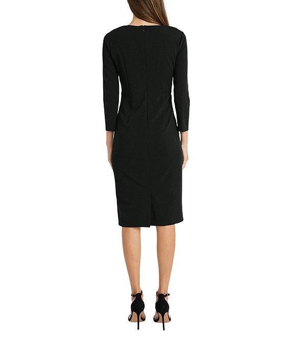 Maggy London Stretch Boat Neck 3/4 Sleeve Pleated Knot Waist Detailed Sheath Dress Product Image