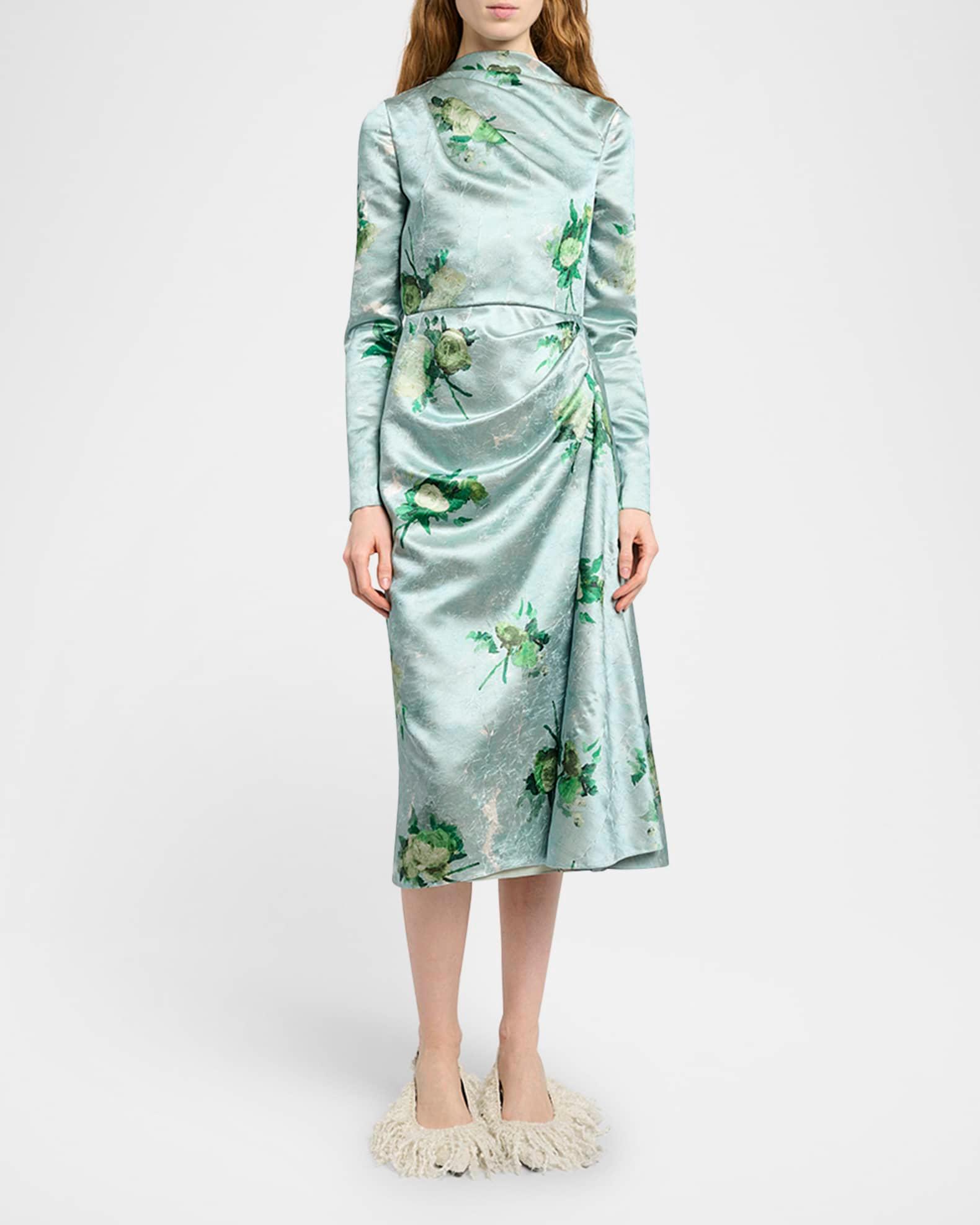 Draped Crinkle Silk Long-Sleeve Dress Product Image