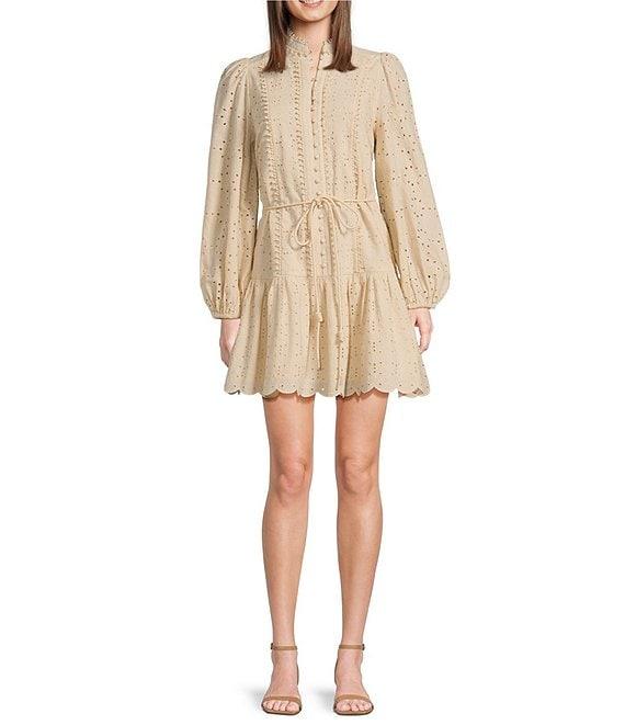 Antonio Melani Brynn Eyelet Mock Neck Button Front Long Sleeve Tie Waist Dress Product Image