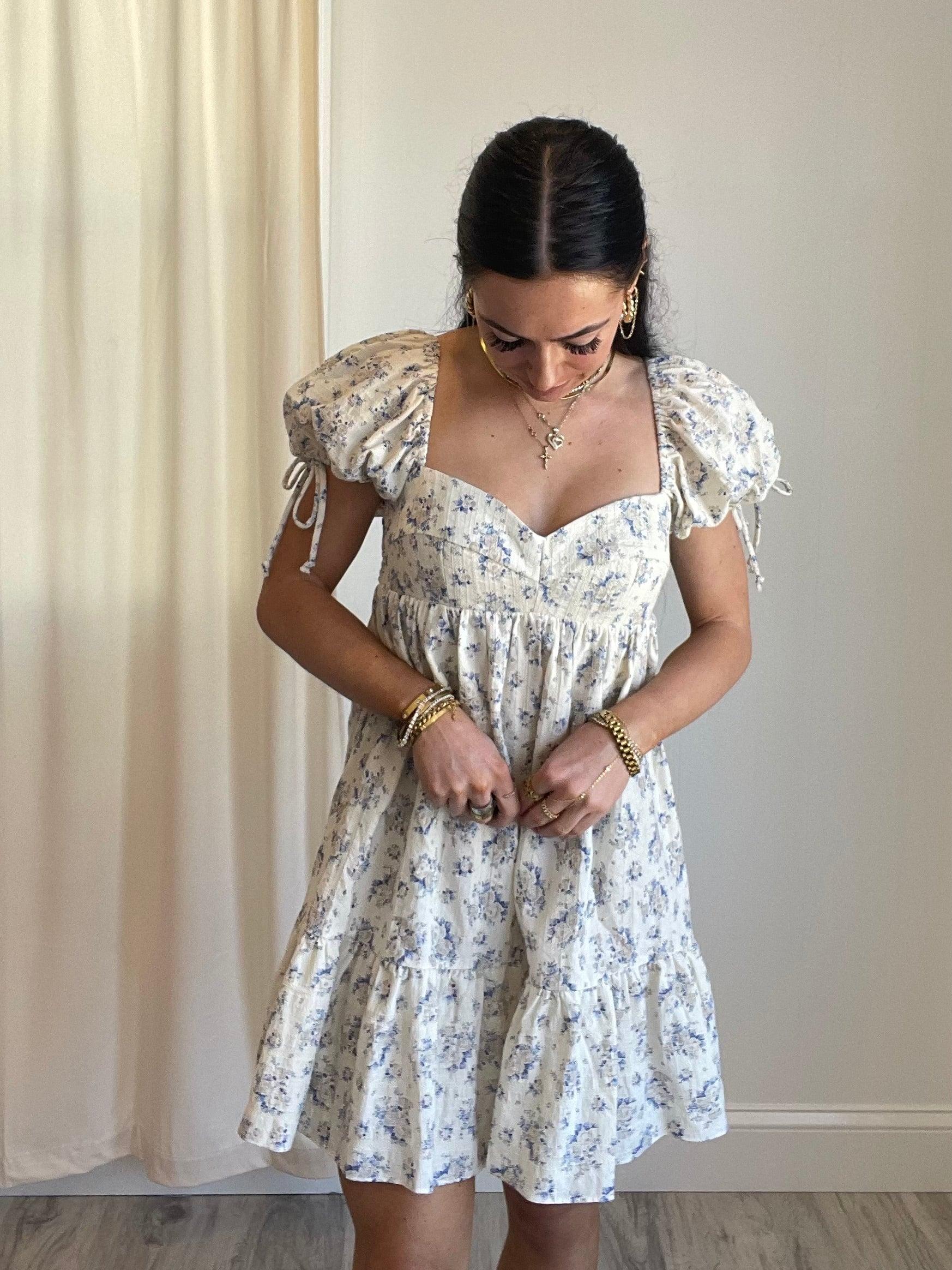 FINAL SALE Bardot Floral Babydoll Dress | Taupe Blue Product Image