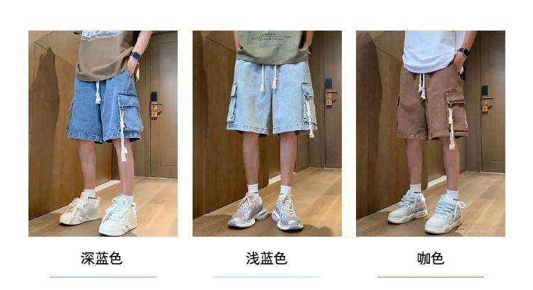 Drawstring Waist Washed Denim Wide Leg Cargo Shorts Product Image