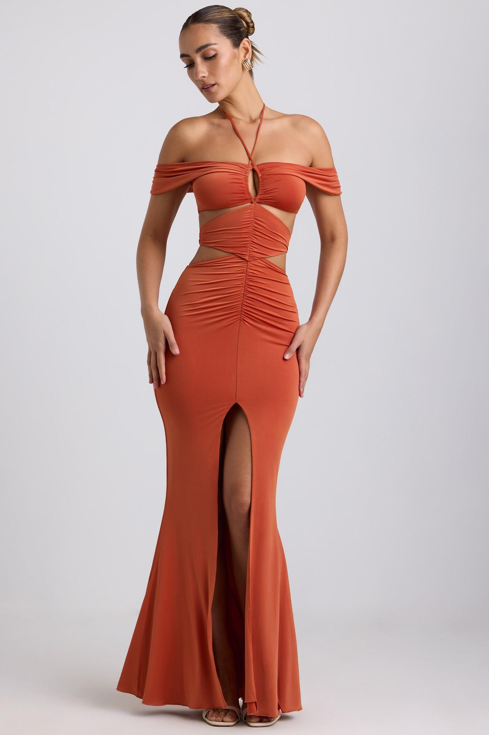Slinky Jersey Cut-Out Halterneck Gown in Burnt Orange Product Image