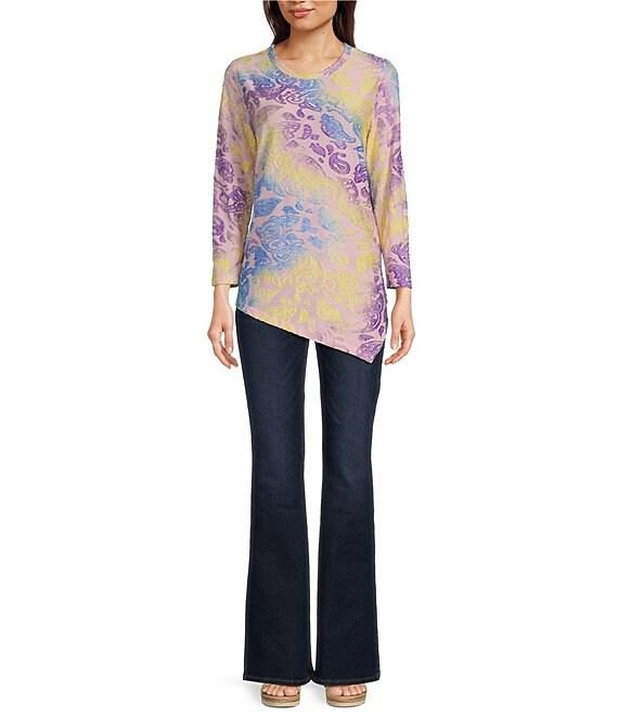 Calessa Burnout Tie-Dye Crew Neck 3/4 Sleeve Asymmetrical Hem Tunic Product Image