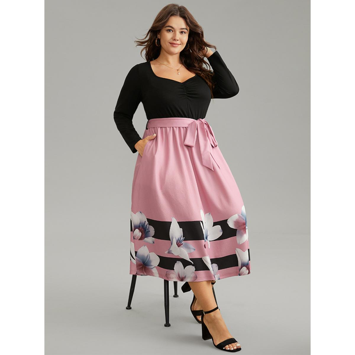 Plus Size Floral Contrast Ruched Square Neck Belted Dress Black Women Elegant Gathered Square Neck Long Sleeve Curvy Midi Dress BloomChic 14-16/1X Product Image