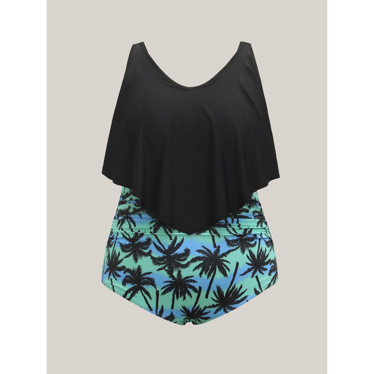 Plus Size Plain Tropical Pattern Layered One-Piece Swimsuit Women's Swimwear Black Beach Tiered Curve Bathing Suits High stretch One Pieces BloomChic 30/6X Product Image