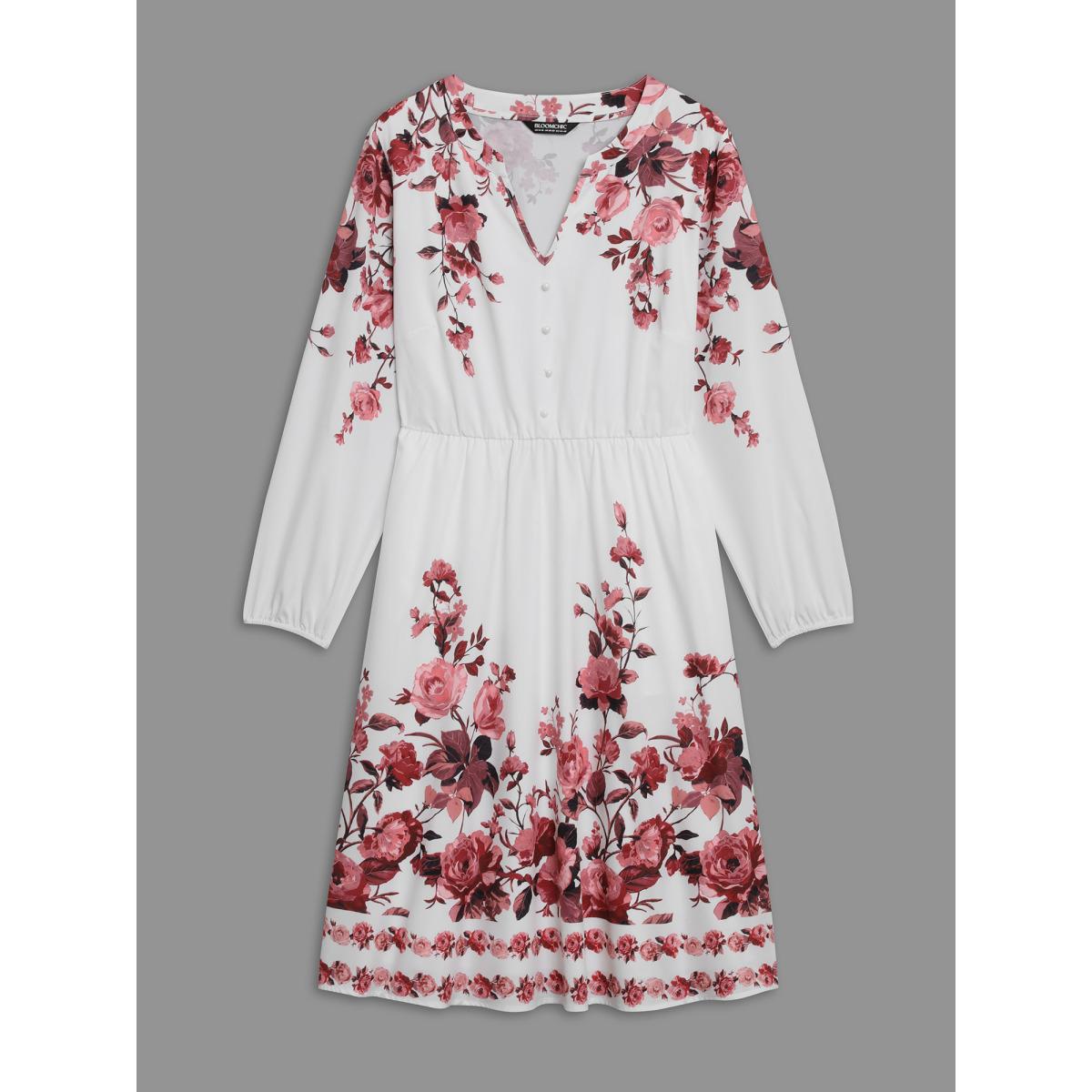 Plus Size Boho Print Lantern Sleeve Button Detail Dress Rosered Women Resort Button Flat collar with V-notch Long Sleeve Curvy BloomChic 10/M Product Image