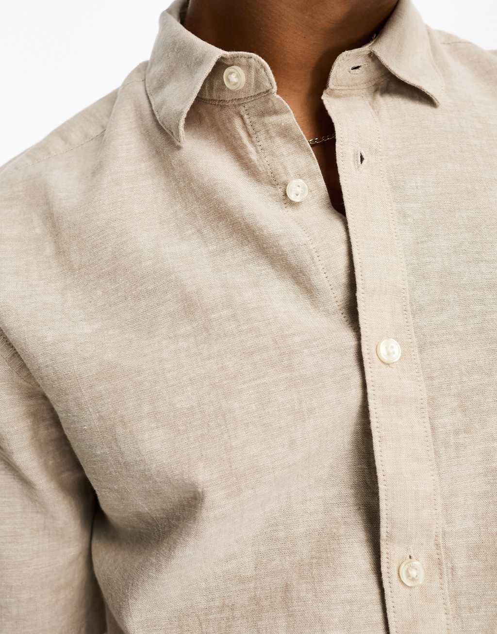 Only & Sons short sleeve linen blend shirt in beige Product Image