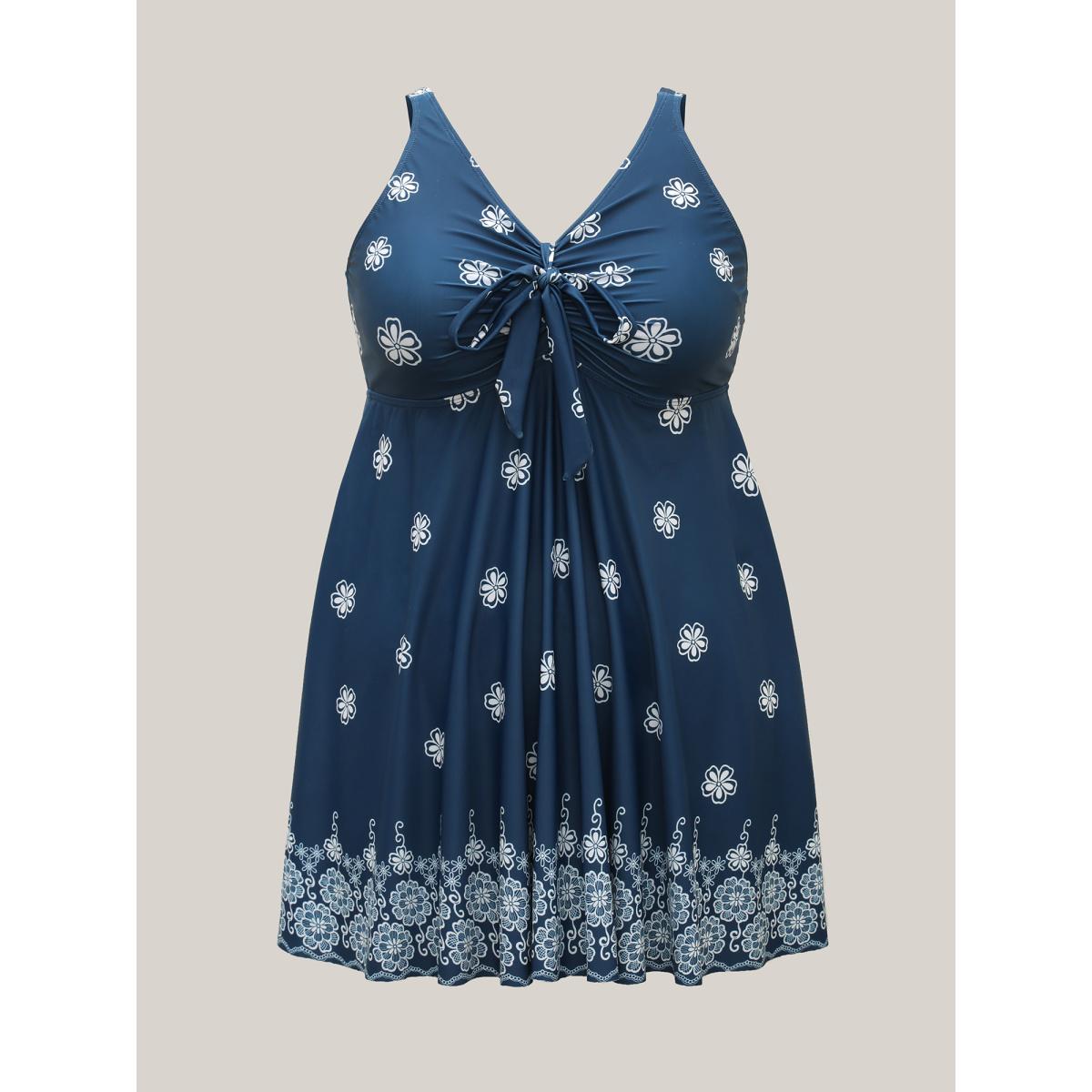Plus Size Floral Fun Knotted Bodice Swim Dress Women's Swimwear Indigo Resort Bodycon V-neck High stretch Curve Swim Dresses BloomChic 10/M Product Image