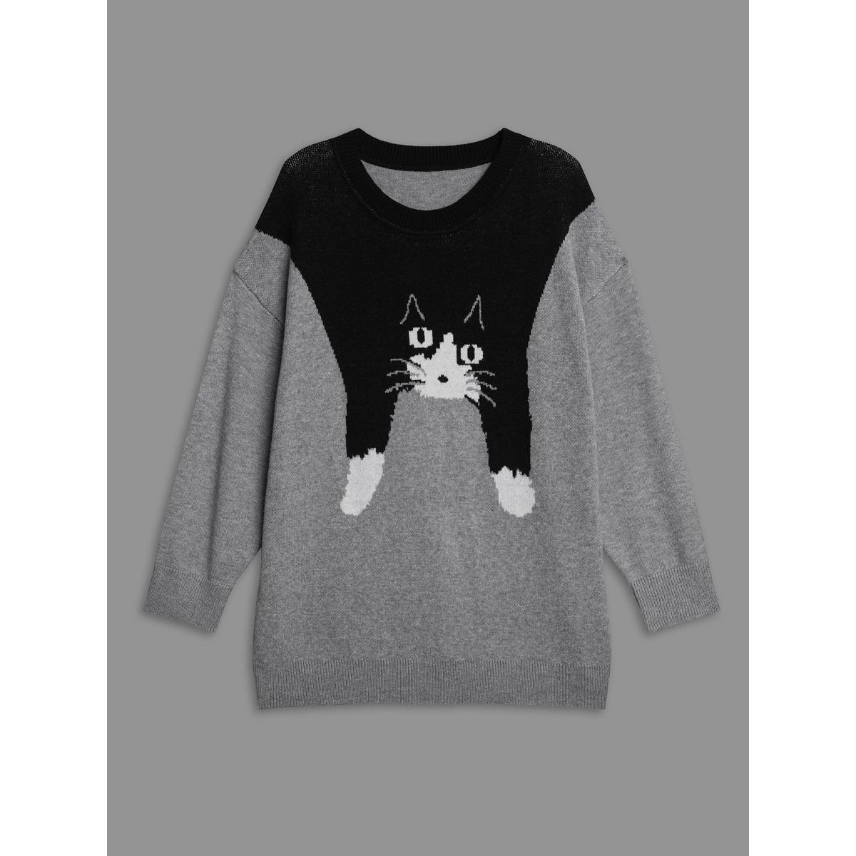 Plus Size Cat Print Color Block Round Neck Pullover DarkGray Women Casual Loose Long Sleeve Round Neck Everyday Pullovers BloomChic 22-24/3X Product Image