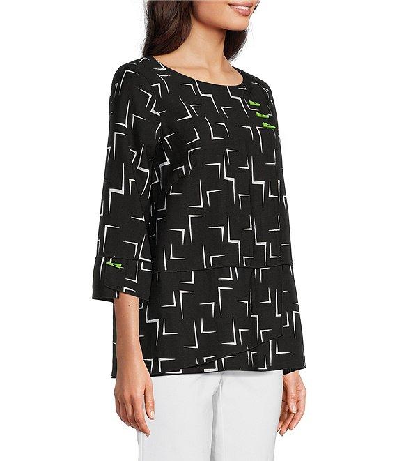 Ali Miles Geometric Print Scoop Neck 3/4 Sleeve Overlap Popover Tunic Product Image