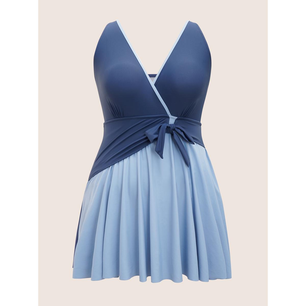 Plus Size Contrast V Neck Tie Knot Swim Dress Women's Swimwear Indigo Beach Bodycon V-neck High stretch Curve Swim Dresses BloomChic 12/L Product Image
