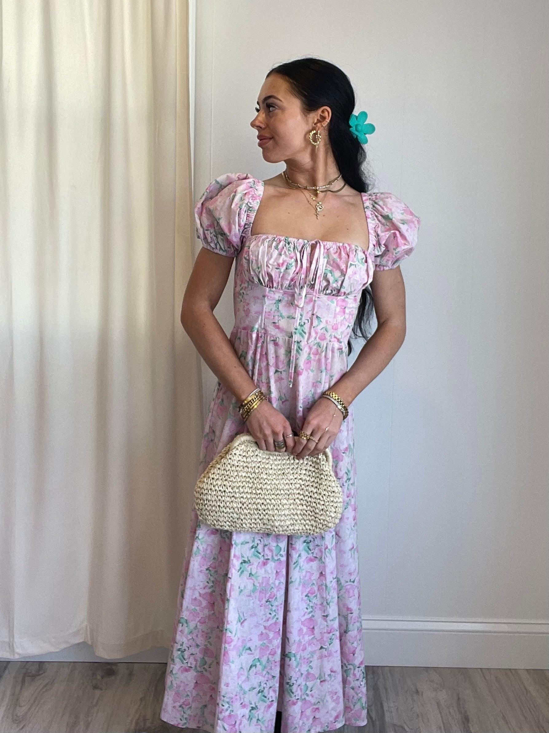 FINAL SALE Gigi Floral Puff Sleeve Midi Dress | Pink Product Image