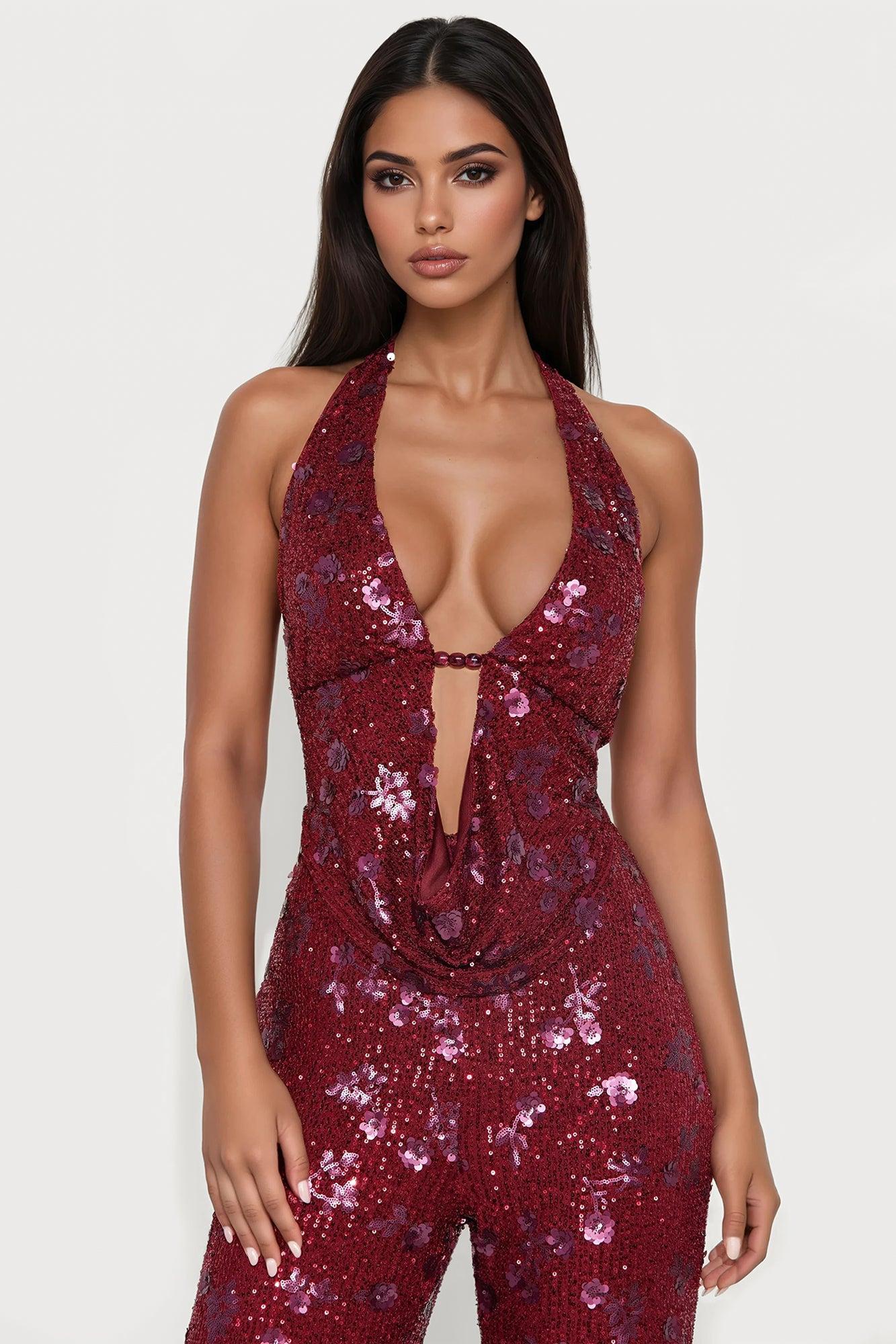 Natalia Sequin Halter Jumpsuit - Burgundy Female Product Image