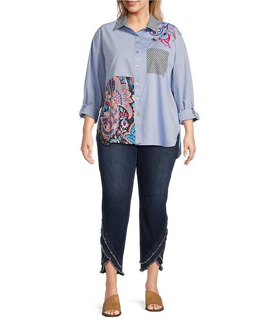 John Mark Plus Size Embroidered Woven Stripe Point Collar Long Roll-Tab Sleeve Button Front Tunic Product Image