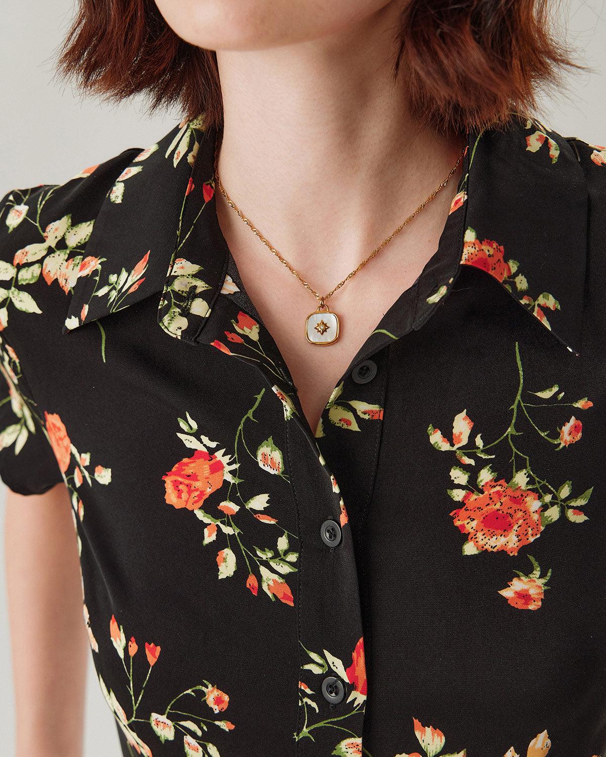 Black Floral Button A-Line Midi Dress Product Image