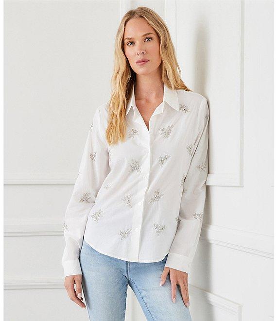Karen Kane Point Collar Long Sleeve Soft Cotton Embellished Shirt Product Image