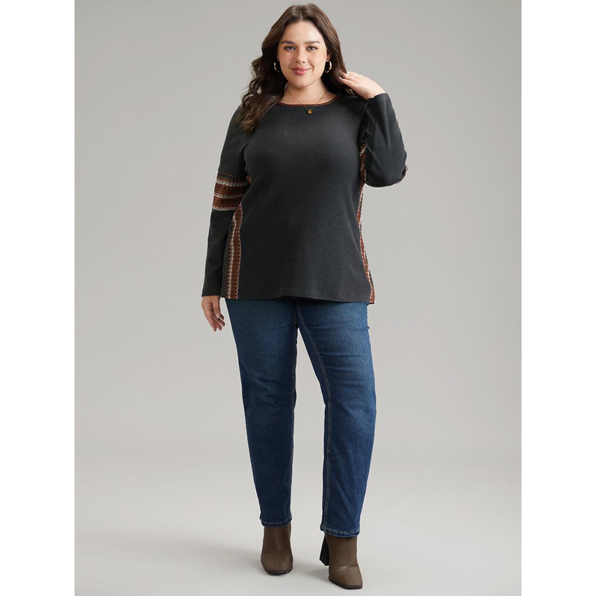 Plus Size Bandana Print Waffle Knit T-shirt DarkGray Women Elegant Waffle Knit Bohemian Print Round Neck Dailywear T-shirts BloomChic 14-16/1X Product Image