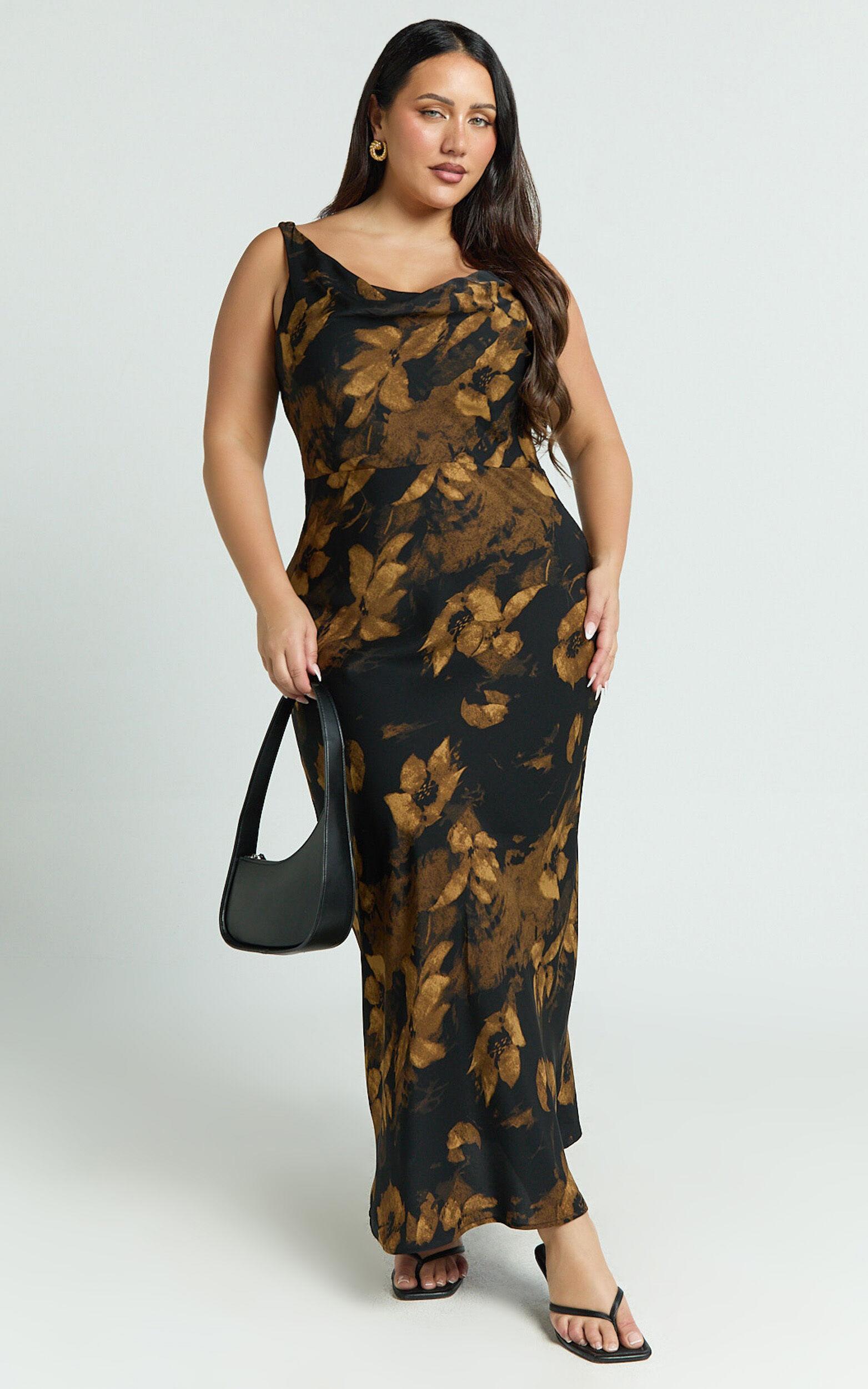 Dara Midi Dress - Low Neck Sleeveless Slip Dress in Amber Floral Print Product Image
