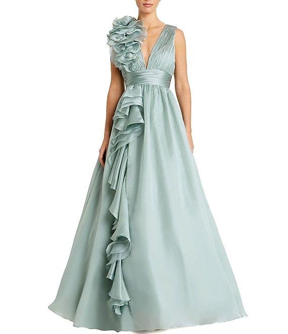 Mac Duggal Deep V-Neck Sleeveless Ruffled Shoulder Ball Gown Product Image