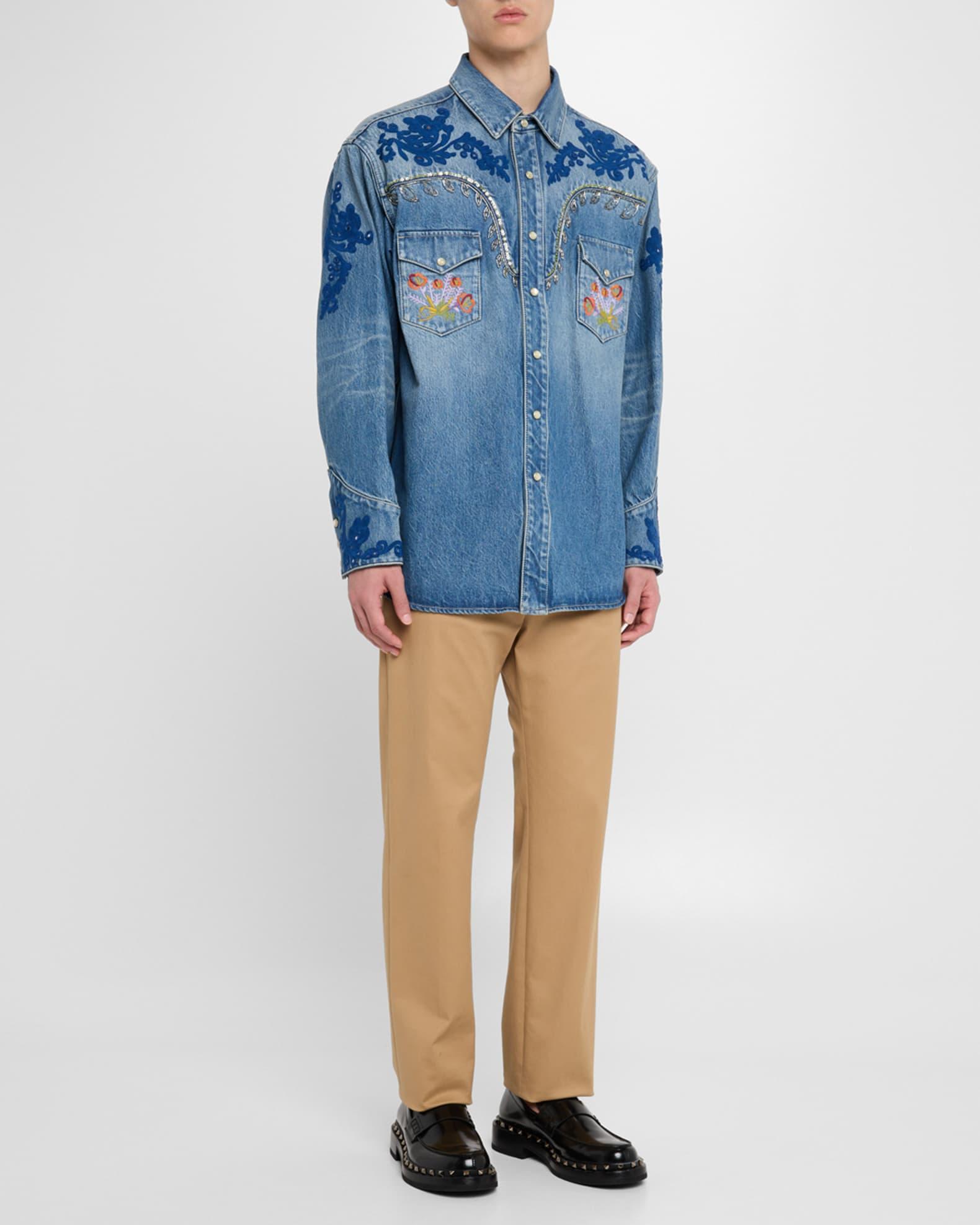 Men's Mixed-Embroidery Denim Shirt Product Image