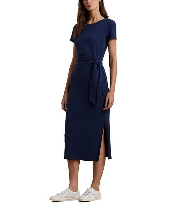 Lauren Ralph Lauren Knit Jersey Round Neck Short Sleeve Tie Front Waist Sheath Dress Product Image