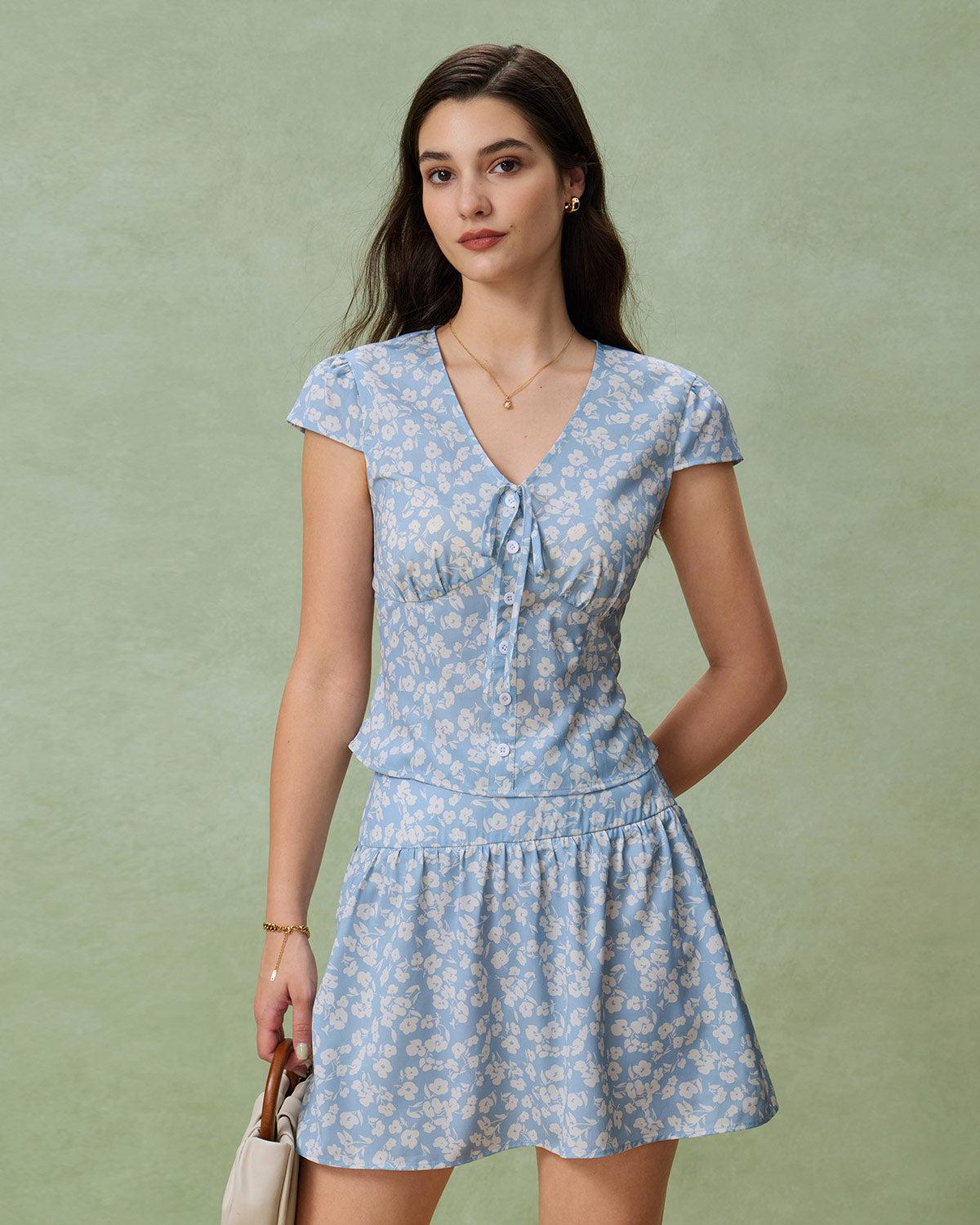 Blue Floral A-Line Mini Skirt Product Image