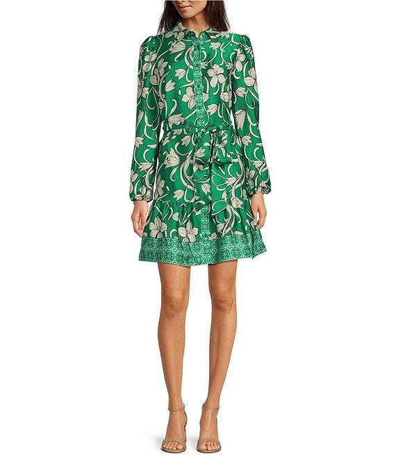 Anne Klein Satin Floral Print Point Collar Neck Long Sleeve Button Front Waist Tie Shirt Mini Dress Product Image