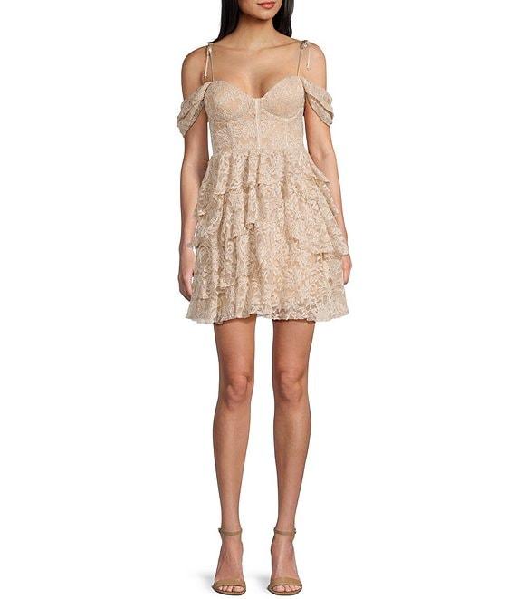 Honey and Rosie Floral Glitter Stretch Lace Tie Strap Sweetheart Neck Tiered Ruffle Dress Product Image