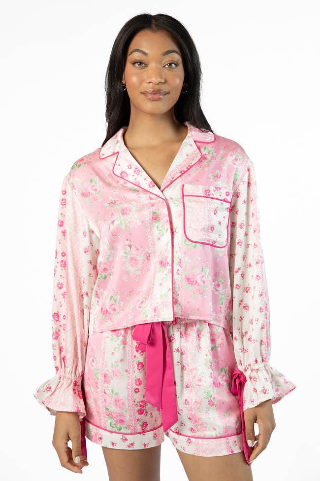 Dont Wake Me Up Pink Multi Floral Long Sleeve Satin Pajama Top FINAL SALE Girls Product Image