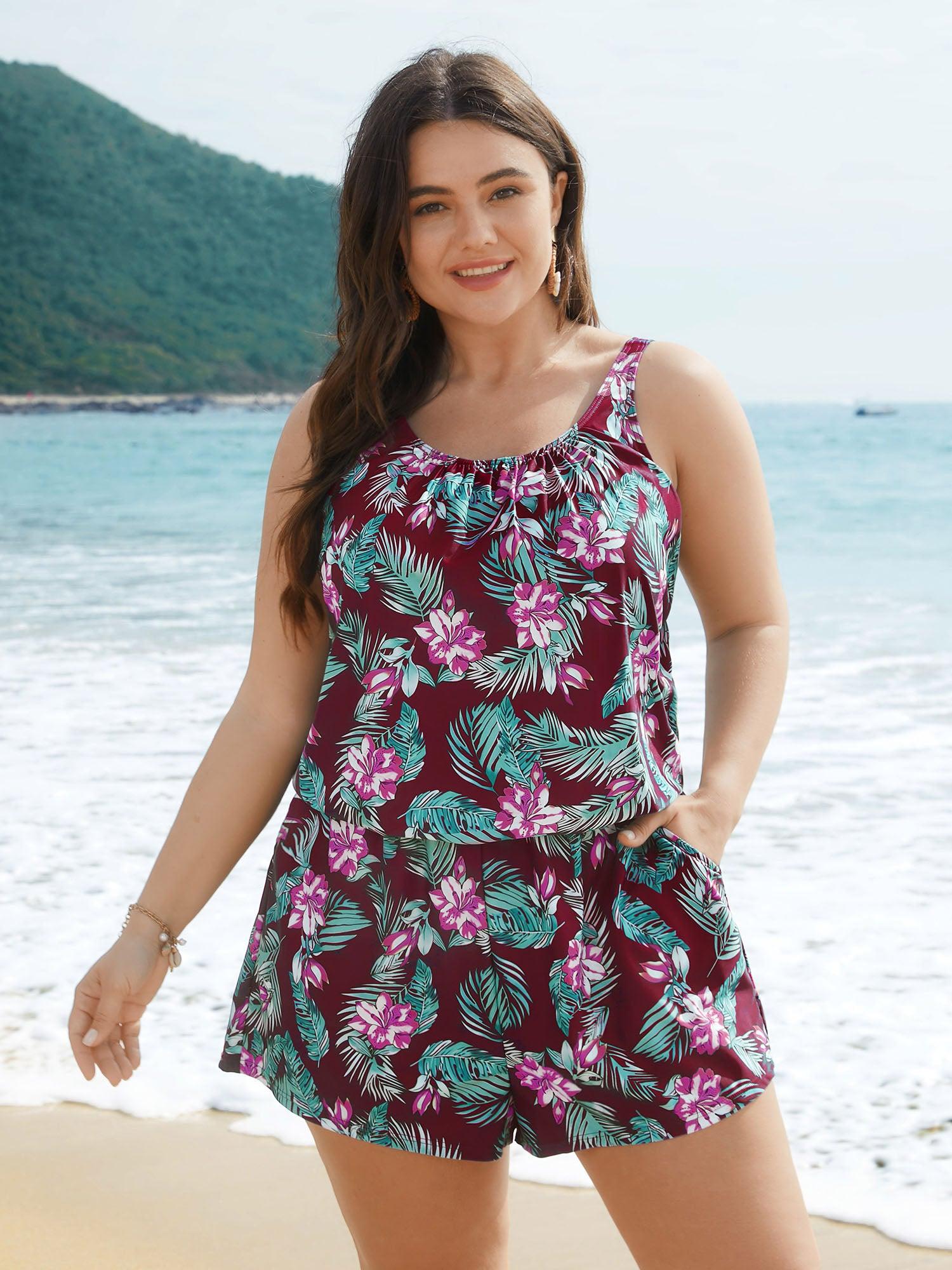 Tropical Flower Print Pockets One-Piece Swimsuit Female Product Image
